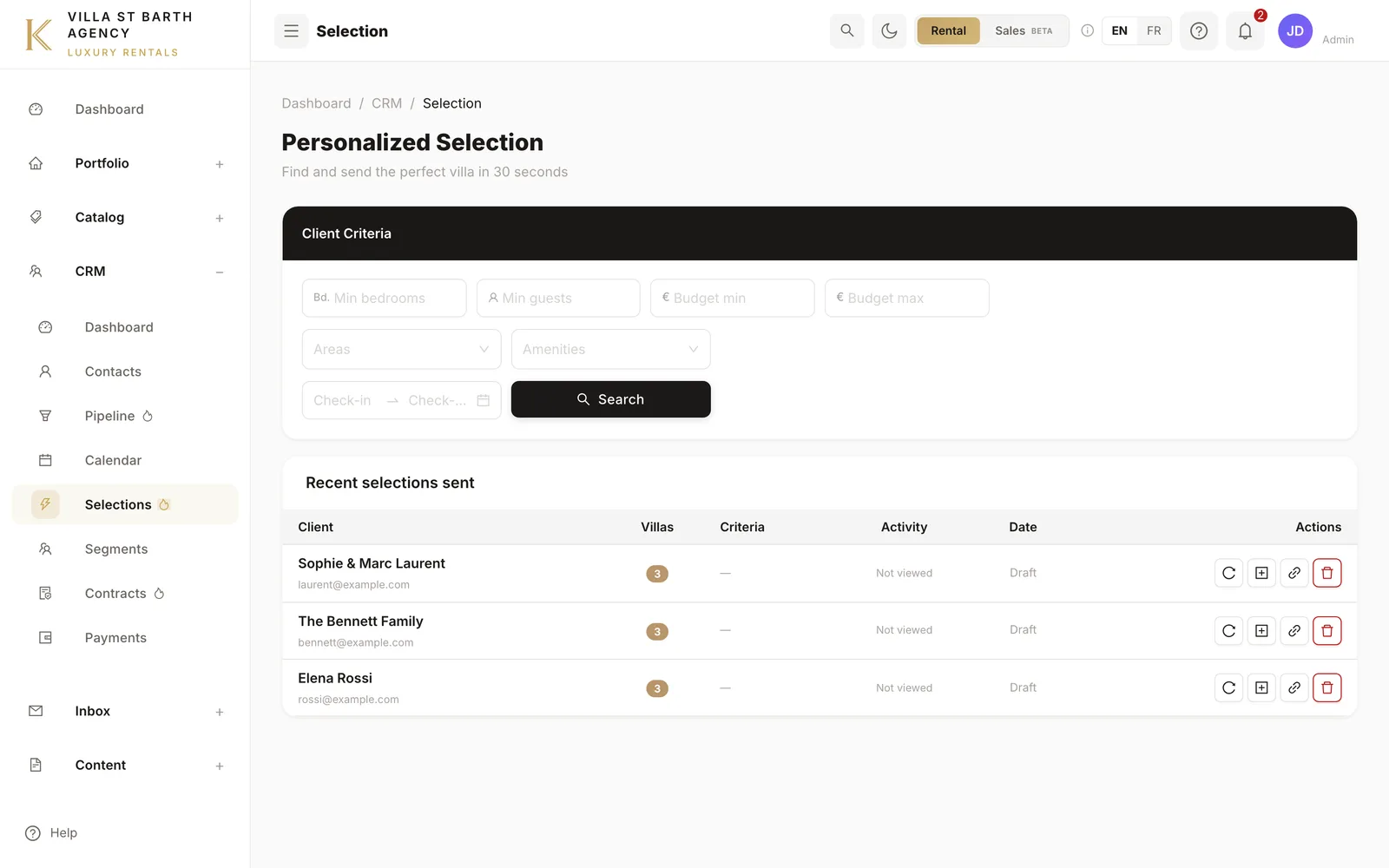 Build a personalized villa selection